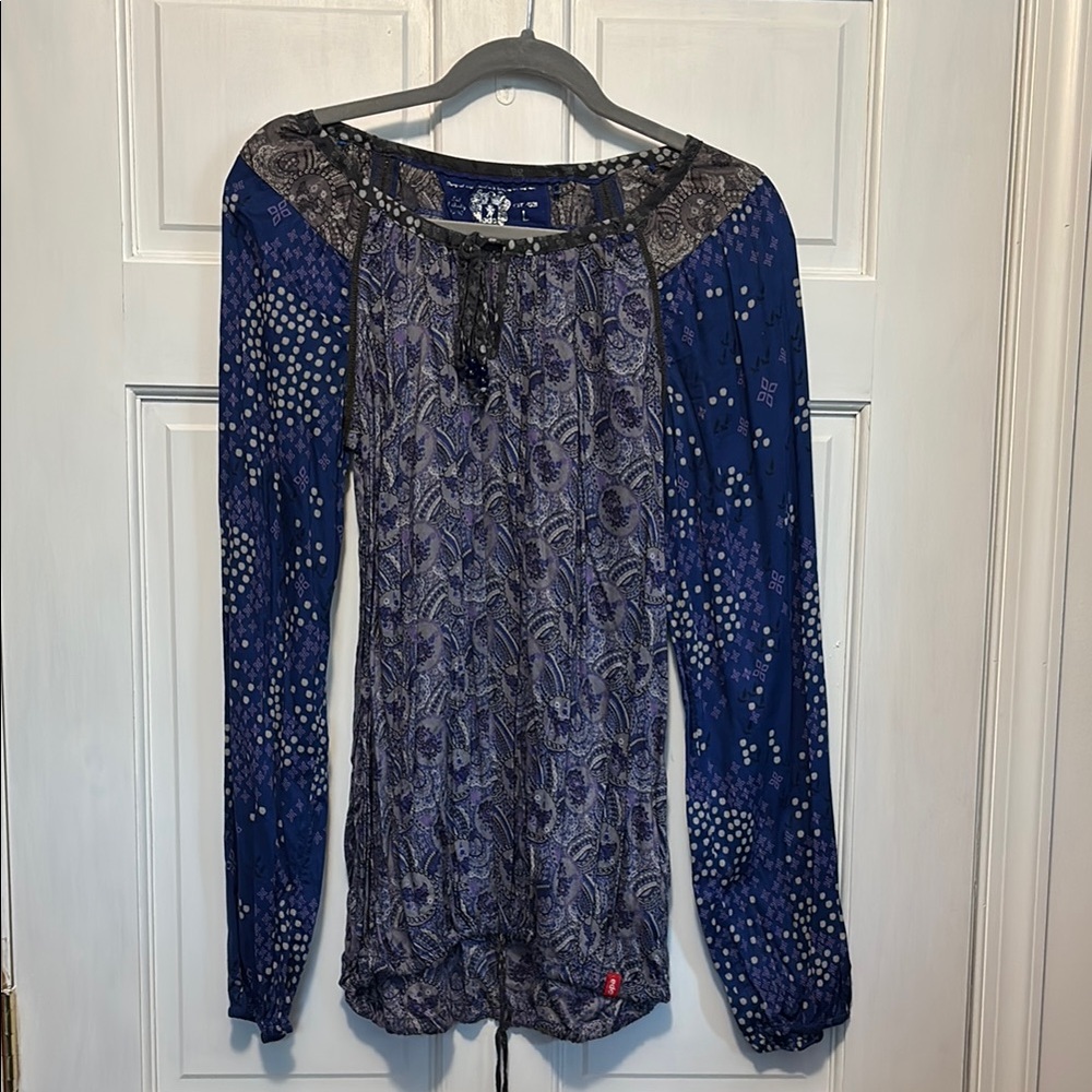 EDC Blue Relaxed Graphic Long Sleeve Blouse
